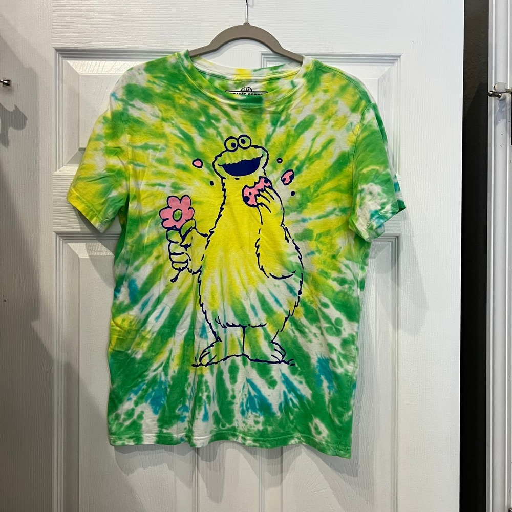 Sesame Street Cookie Monster T-Shirt Cotton Tie-Dye Green Yellow Retro Kidcore